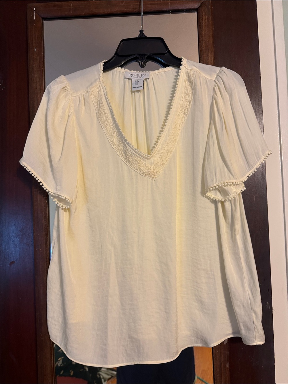 Rachel Zoe cream V-Neck Pom-Pom Sleeve Blouse